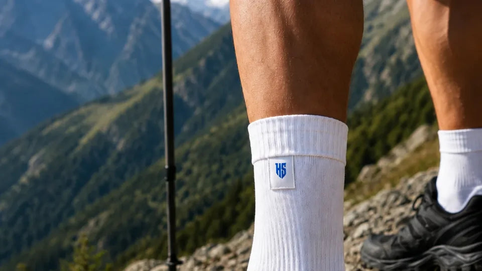 Hiking on a wet hillside in HydroSox waterproof socks