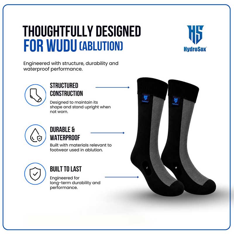 HydroSox wudu design sheet: structured construction that holds its shape and stands upright when not worn, durable waterproof materials, and long-term durability.