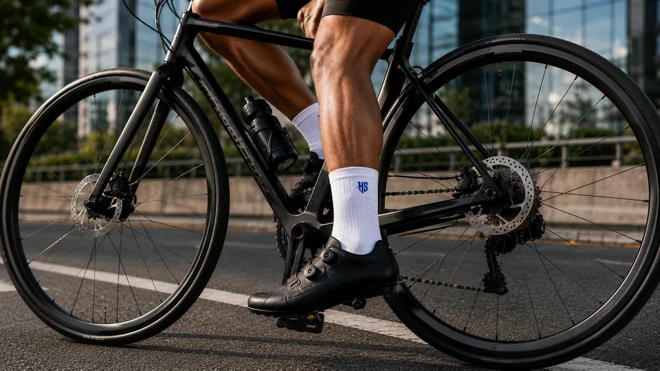 Riding on a city road in HydroSox waterproof socks