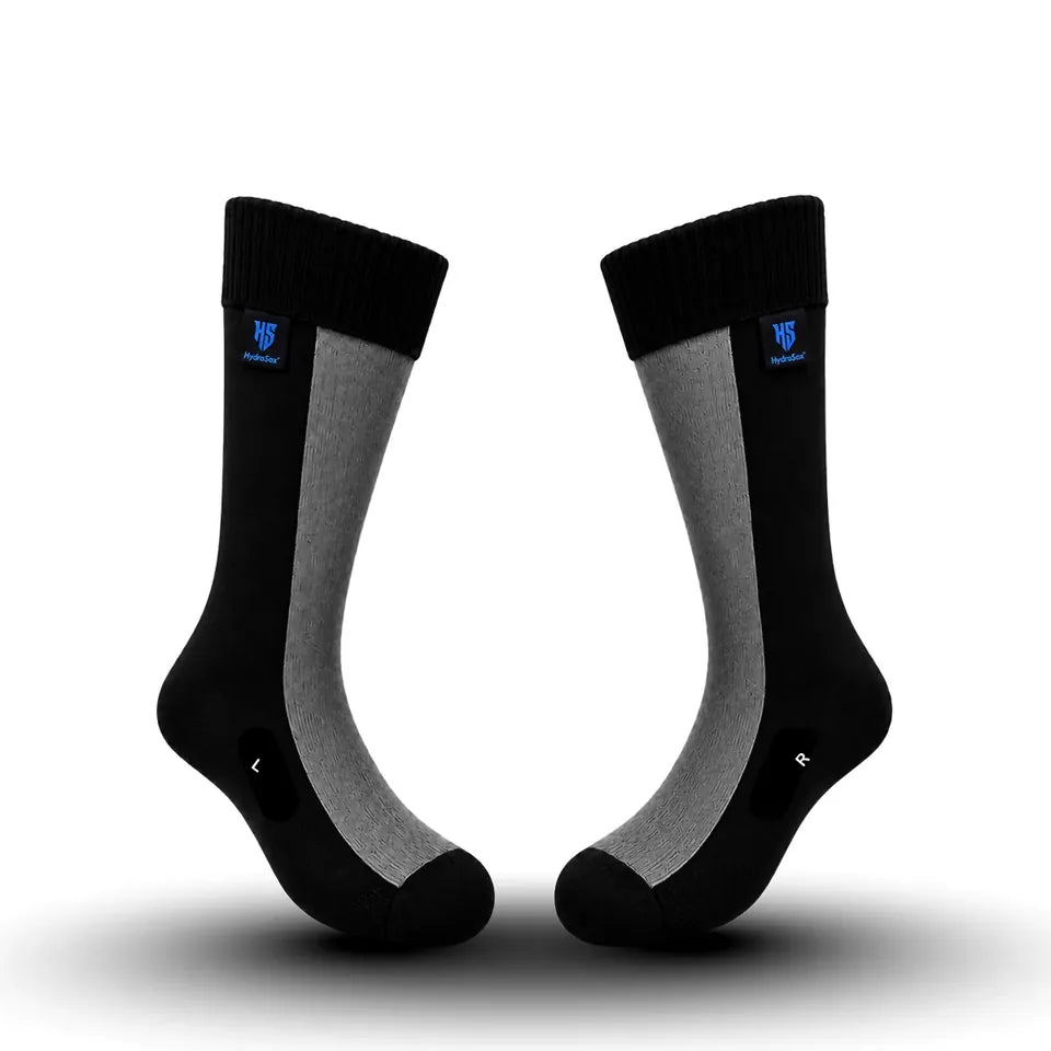 HydroSox waterproof socks in black / grey, crew height, shown upright