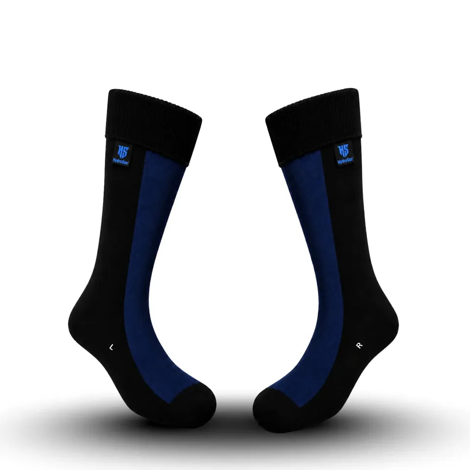HydroSox waterproof socks in black / navy, crew height, shown upright