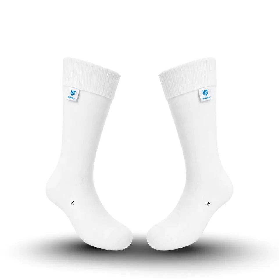 HydroSox waterproof socks in white, crew height, shown upright