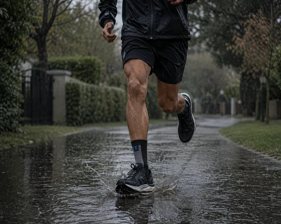 Running through a flooded suburban street in HydroSox waterproof socks